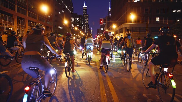Foto un gruppo di ciclisti attraversa una strada della città di notte