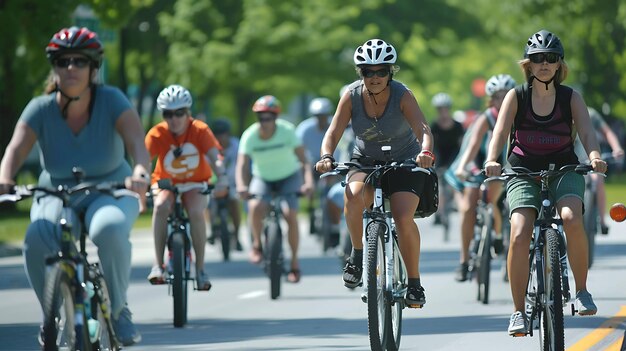 A group of cyclists ride down a city street on a sunny day The cyclists are wearing helmets and various types of clothing