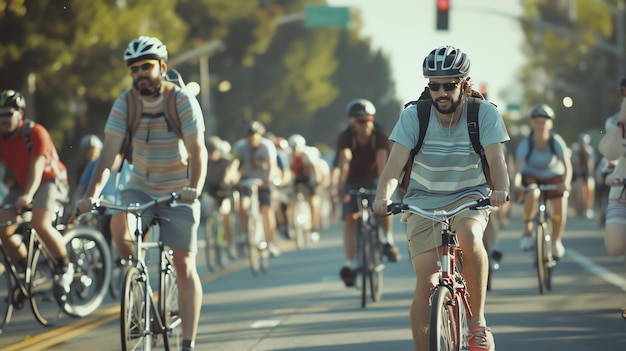 Photo a group of cyclists ride down a city street they are wearing helmets and carrying backpacks the cyclists are of different ages and ethnicities