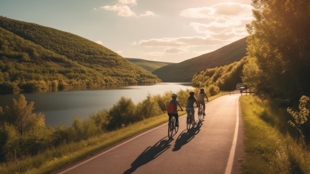 Photo a group of cyclists riding down a scenic road with beautiful views generative ai