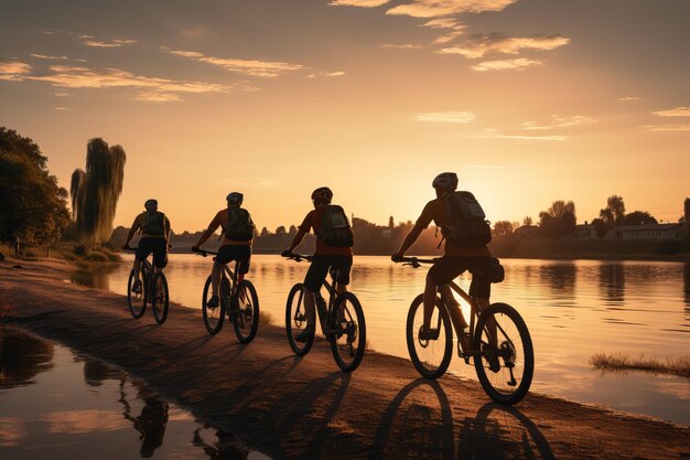 夕暮れにサイクリストのグループが冒険と静けさの感覚を伝える水に反射する活気のある空に照らされたウォーターフロントの道に沿って乗っています