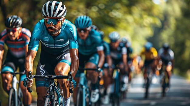 Foto gruppo di ciclisti sulla strada durante la gara concetto di lavoro di squadra