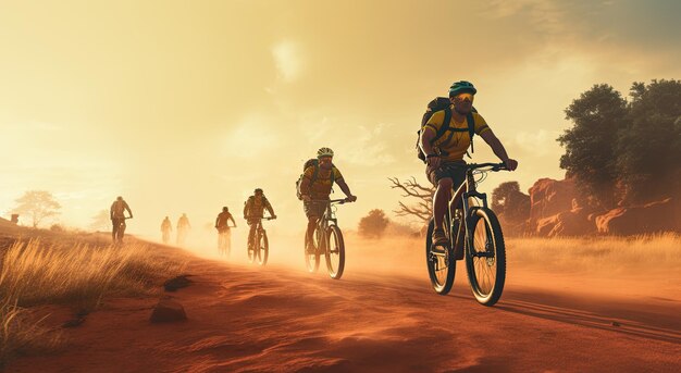 Photo group of cyclists they cycle through rural and forest roads