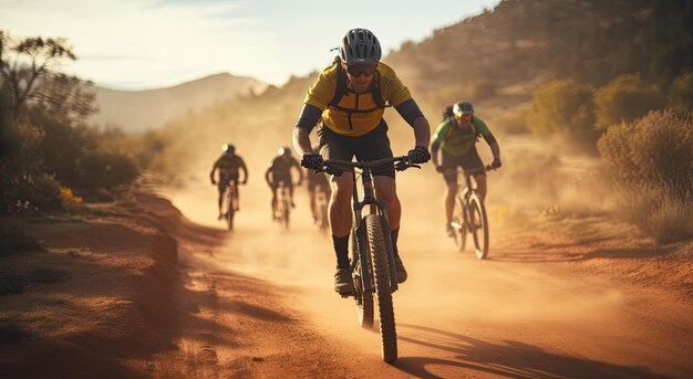 Photo group of cyclists they cycle through rural and forest roads