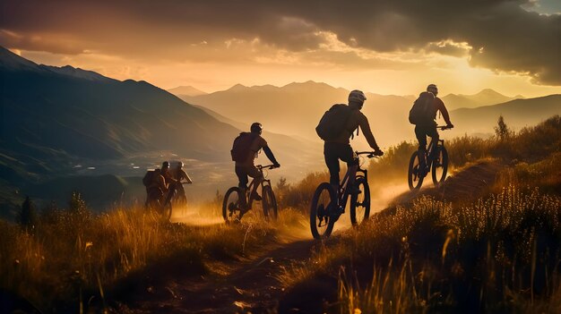 A group of cyclists wearing protective gear were riding their mountain bikes in the same direction on a misty morning The road surface was noticeably dry and dusty Shows that you ride very fast