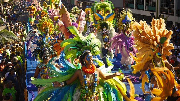 カラフルな衣装を着たダンサーのグループがカーニバルの祝祭でパフォーマンスをしている