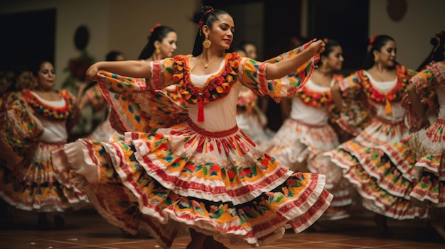 Группа танцоров из штата Мехико исполняет традиционный танец.