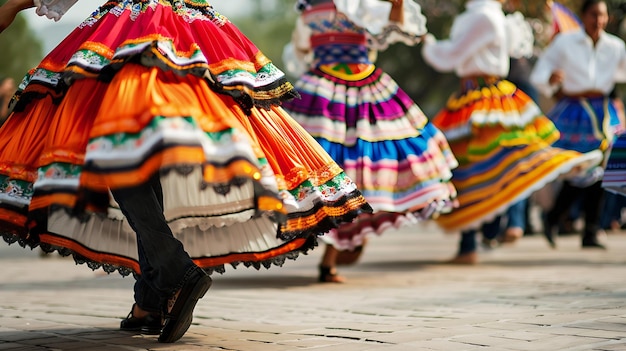 A group of dancers in traditional Ecuadorian costumes perform a traditional dance