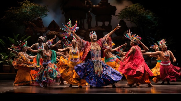 a group of dancers with their arms raised in the air, one of them has a large open mouth.