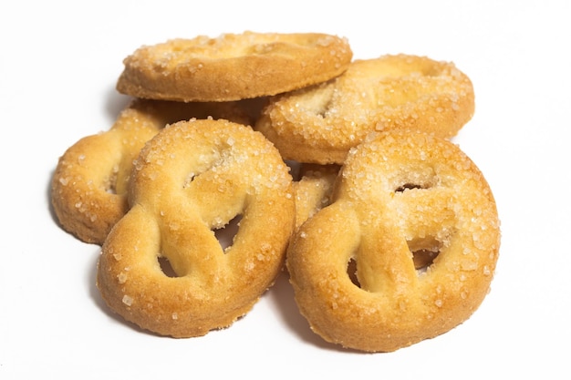 Group of danish butter cookies the pretzel cookie isolated on white background clipping path
