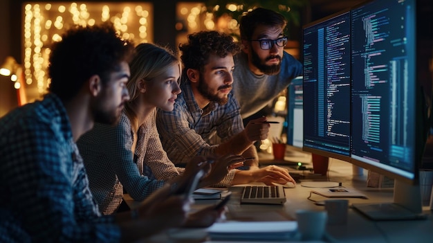 a group of data scientists collaborating on a project with data visualizations and code displayed on multiple screens in a hightech office representing the critical thinking and analytical skills