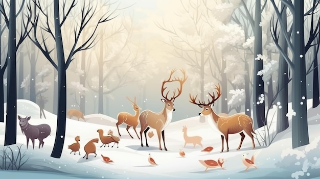 Группа оленей в снегу на фоне деревьев и снега.
