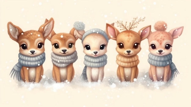 A group of deer in a snowy scene with a cute little deer wearing a scarf.