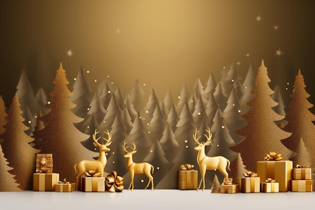 a group of deer standing next to christmas trees