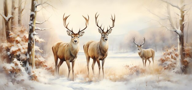 group of deer in the winter landscape watercolor vintage illustration background wallpaper