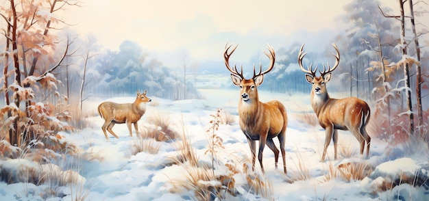 group of deer in the winter landscape watercolor vintage illustration background wallpaper