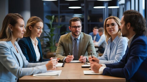 A group of delegates or businesspeople sitting around a table during meeting