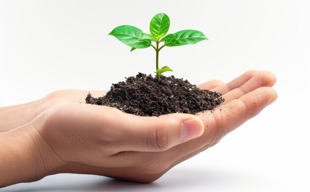 A group of delegates with hand holds a small plant with soil sustainability photo