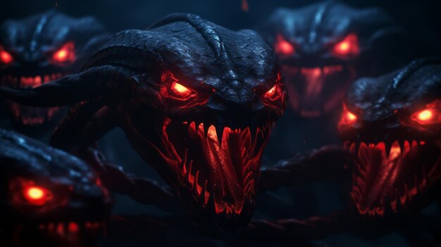 a group of demon heads with glowing red eyes