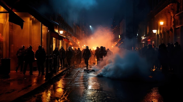 Group of demonstrators protesting in the city Riot police