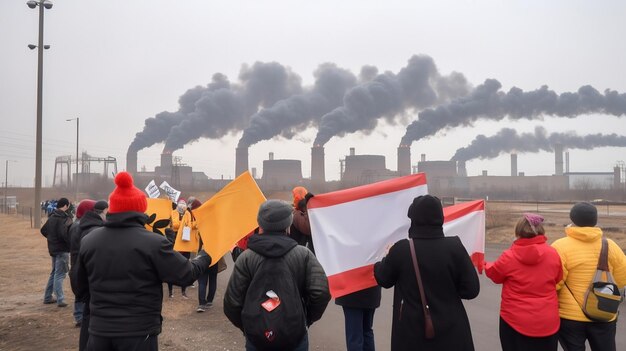 Group of demonstrators with banners in front of a power plant that emits a lot of polluting gases