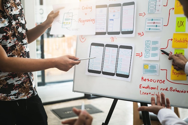 Group of designers work together to brainstorm outline and develop mobile applications
