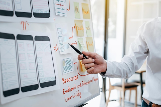 Group of designers work together to brainstorm outline and develop mobile applications
