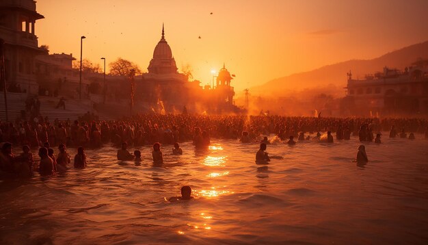 A group of devotees taking a holy dip in a river setup on makar sankranti with the early morning su