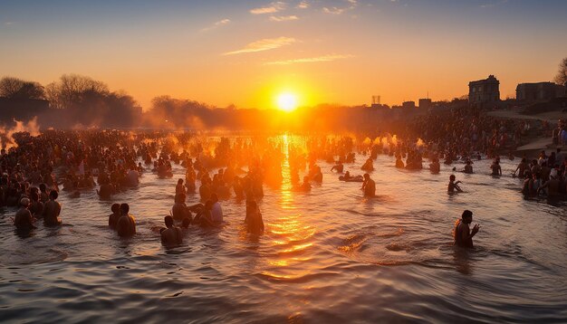 A group of devotees taking a holy dip in a river setup on Makar Sankranti with the early morning su
