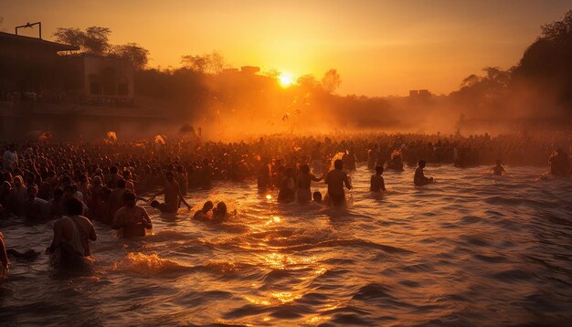 A group of devotees taking a holy dip in a river setup on makar sankranti with the early morning su