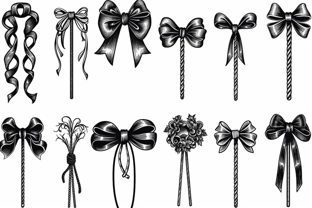 Photo a group of different bows and ribbons drawn in black and white generative ai