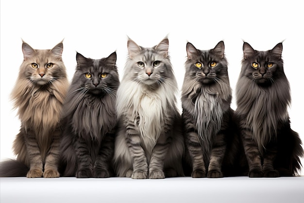 Group of different cat breeds big and small detailed studio shot on white background 5 6 cats