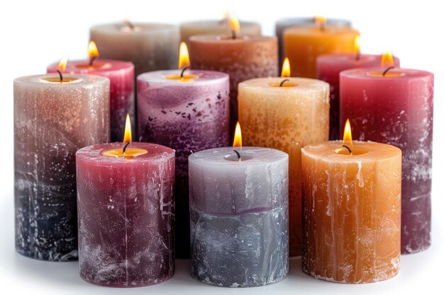 group of different colored candles sitting together on a clear png or white background
