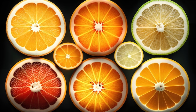 A group of different colored citrus fruits are arranged on a black background.