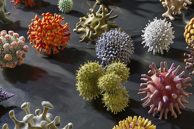 A group of different colored viruses