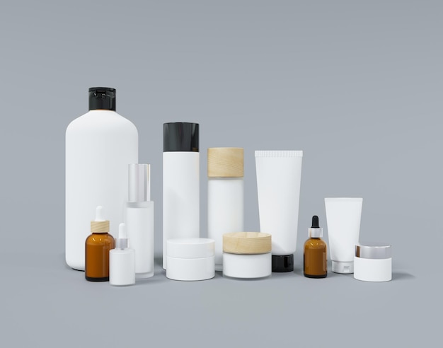 Group of different cosmetic bottles and jars d render