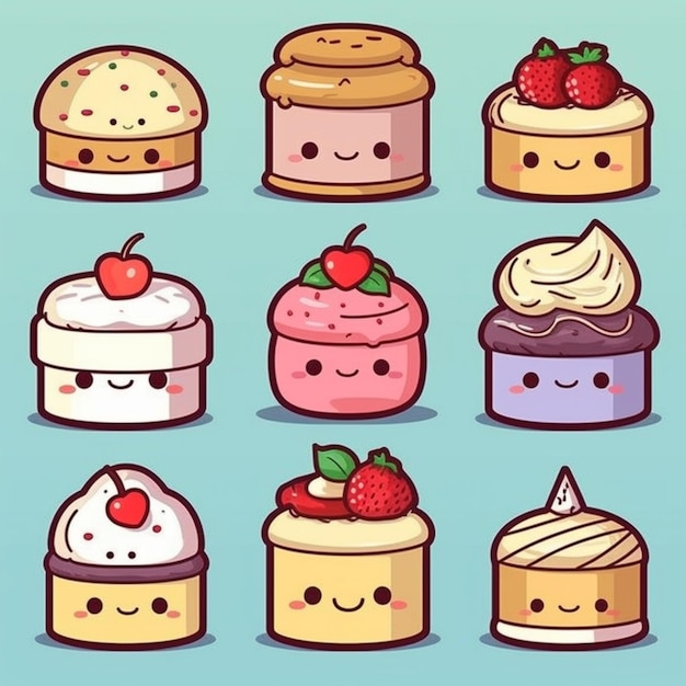 a group of different desserts with faces and faces drawn on them generative ai