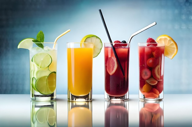 a group of different drinks with strawberries and oranges