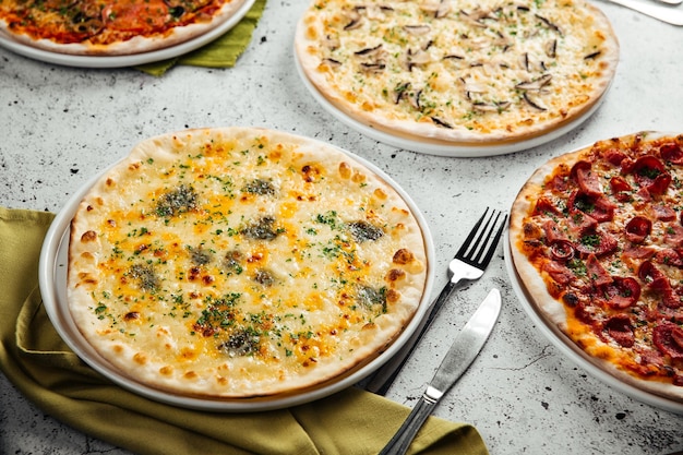 Group of different freshly baked pizzas