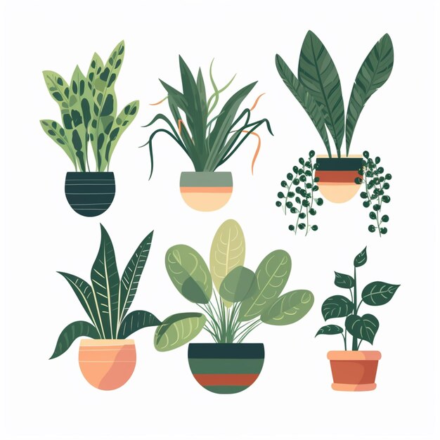 a group of different house plants in pots on a white background generative ai