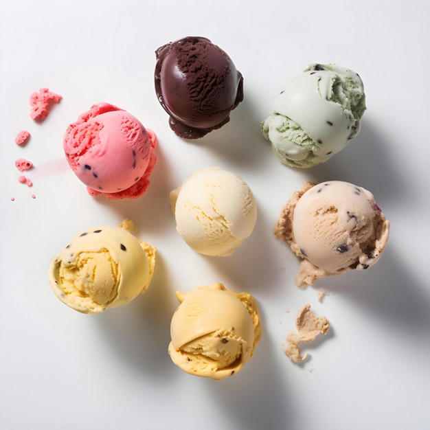 Photo a group of different ice cream scoops on a white surface