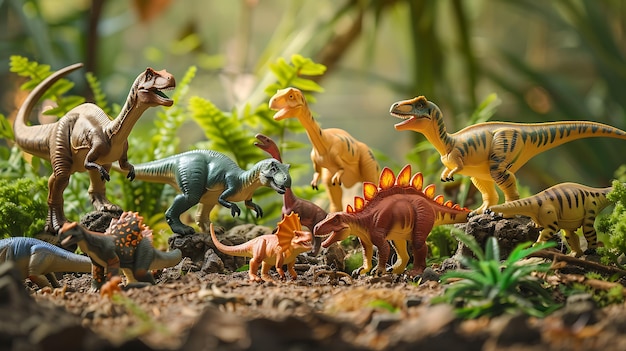 Photo a group of dinosaurs are gathered in a lush forest