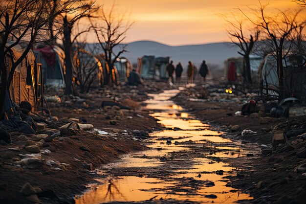 a group of displaced individuals their faces marked by weariness and uncertainty standing near a border crossing