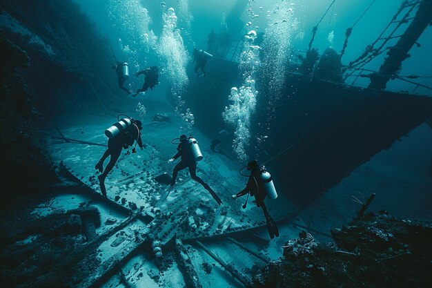 Foto un gruppo di subacquei che esplorano un naufragio affondato su un'ai generativa