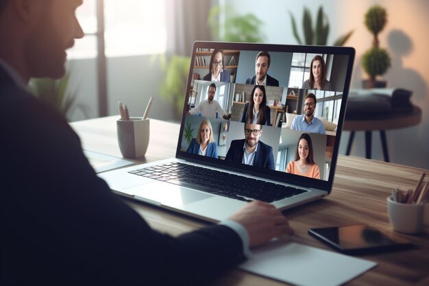 Gruppo di uomini d'affari diversi che parlano in videoconferenza con una collega donna