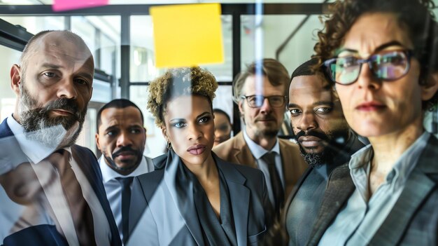 A group of diverse business professionals are looking at a glass wall with sticky notes on it They are all wearing suits and look serious