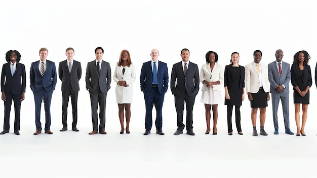 A group of diverse business professionals standing together in a line wearing suits and formal business attire