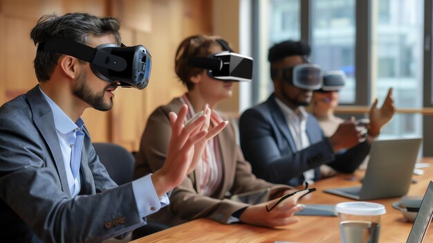 People wearing VR headsets, interacting and collaborating within a virtual space.