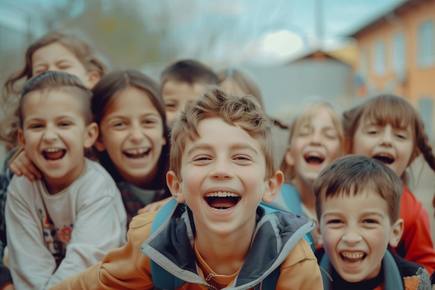 Group of diverse cheerful fun happy multiethnic children outdoors at the schoolyard