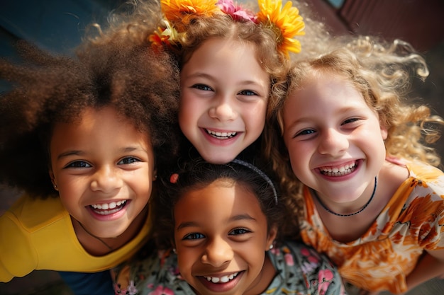 야외에서 다양하고 쾌활한 재미있는 행복한 다민족 어린이 그룹